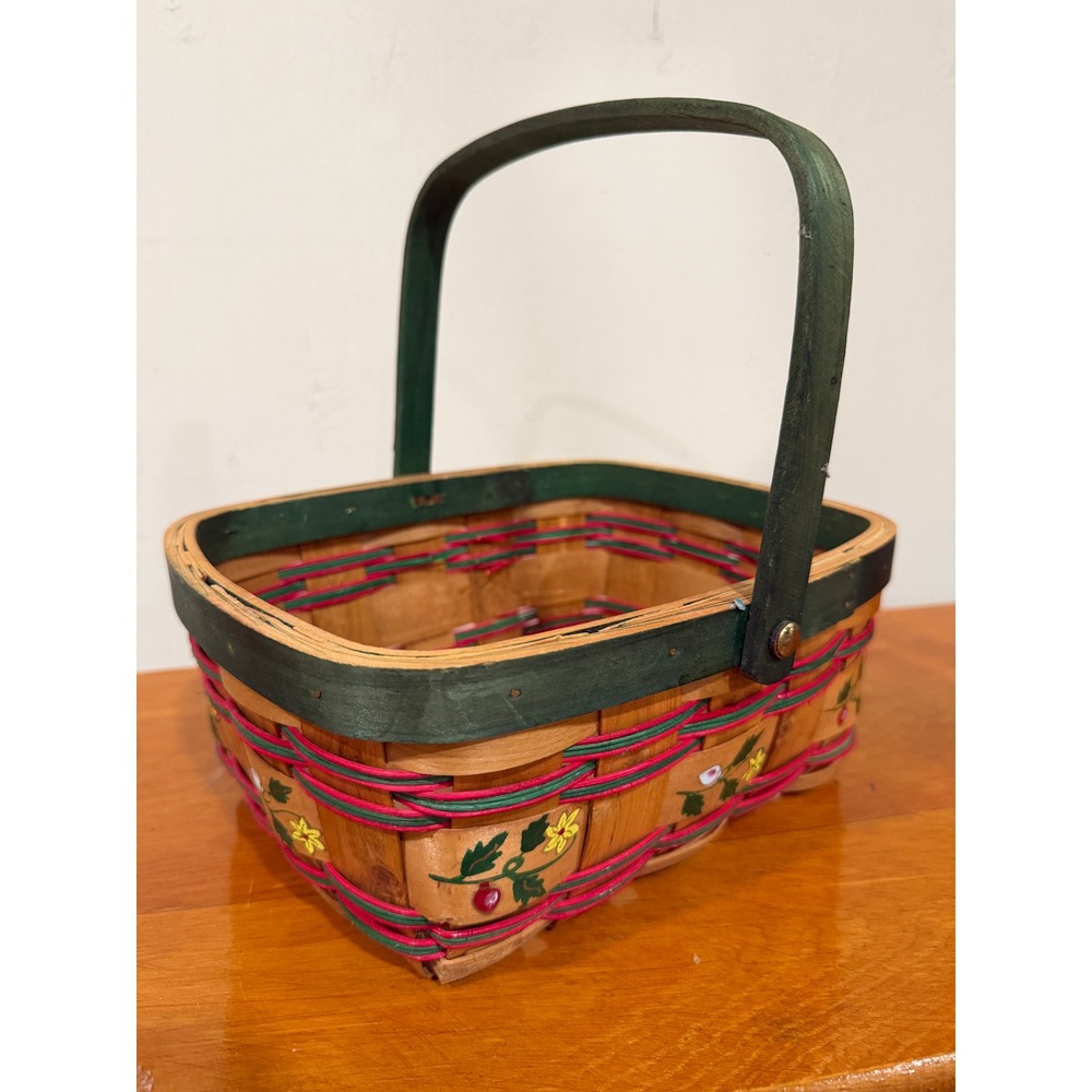Vintage Hand Painted Woven Wood Basket Floral Design Red Green Trim with Handle